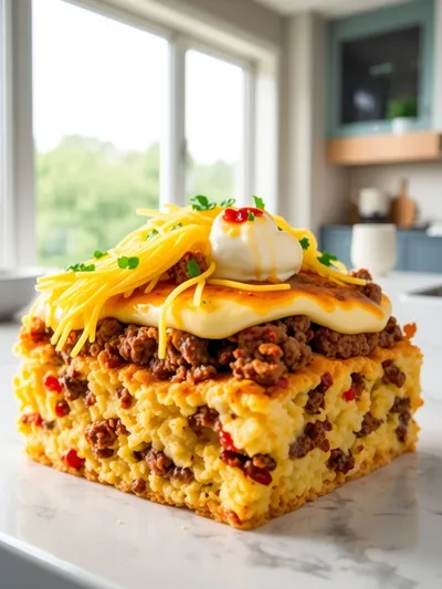 Beef Sausage, Egg, and Cream Cheese Hashbrown Casserole