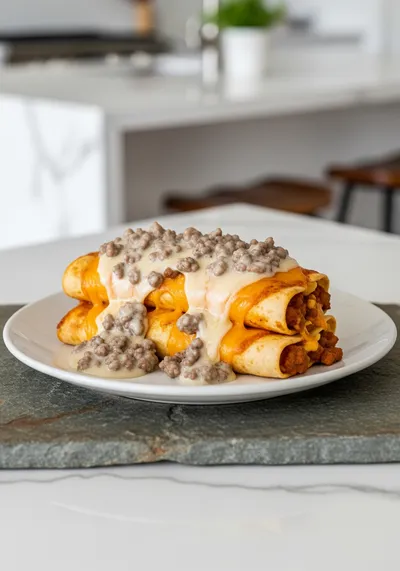 Breakfast Enchiladas With Beef Sausage Gravy
