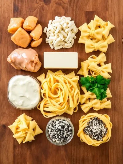 Cheesy Garlic Butter Chicken Bowties With Cream Sauce - ingredients preparation