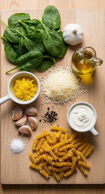 Creamy Cheesy Spinach Pasta – Healthy Palak Pasta - ingredients preparation