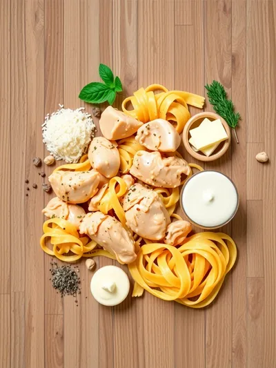 Creamy Garlic Parmesan Chicken With Cheesy Twisted Pasta - ingredients preparation