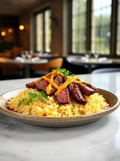 Creamy Queso Rice with Juicy Steak Strips - cooking process