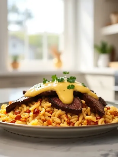 Creamy Queso Rice with Juicy Steak Strips