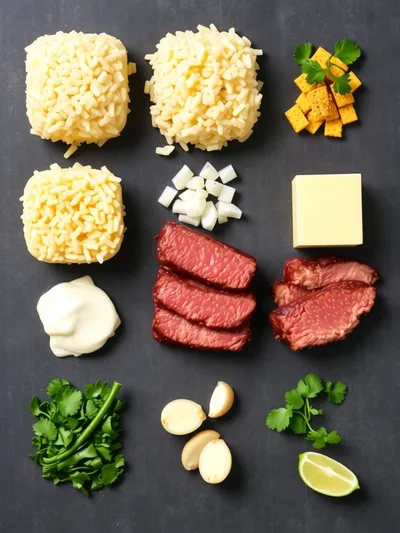 Creamy Queso Rice with Steak Strips - ingredients preparation