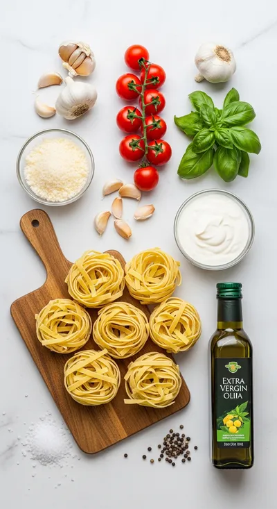 Creamy Tomato Garlic Pasta – Simple, Cheesy & Delicious - ingredients preparation