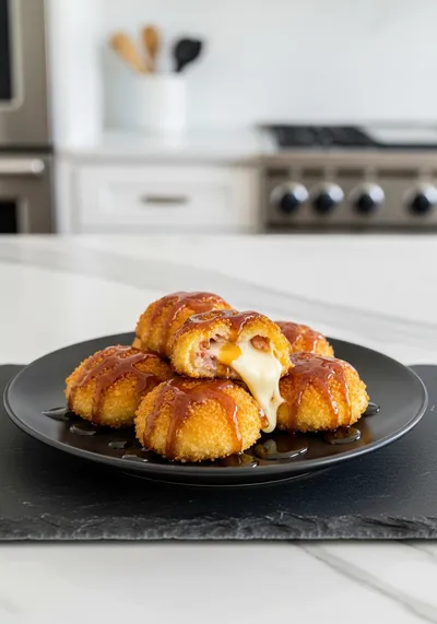 Crispy Turkey Bacon Mozzarella Poppers with Maple Glaze