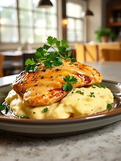Garlic Herb Chicken with Creamy Mashed Potatoes - ready to serve