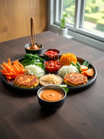 Korean Veggie Fritters with Creamy Gochujang Sauce - ingredients preparation