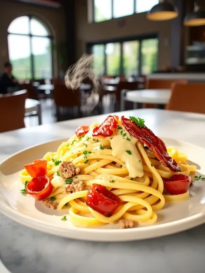 Loaded Turkey Bacon Cheeseburger Alfredo Pasta - ready to serve