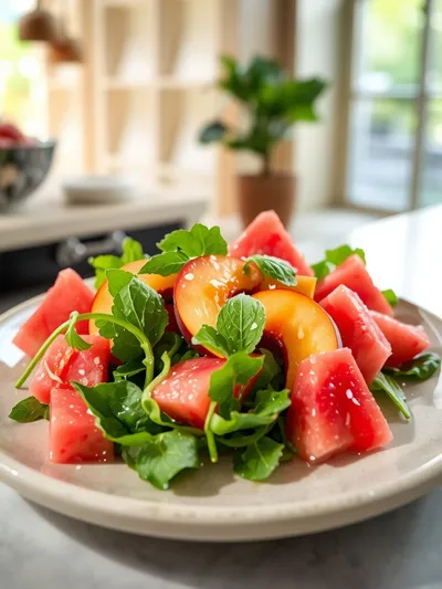 Easy Summer Peach Watermelon Salad - ready to serve