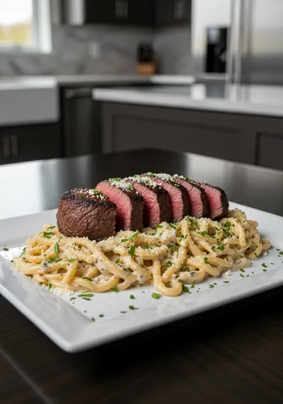 Steak and Creamy Garlic Parmesan Pasta