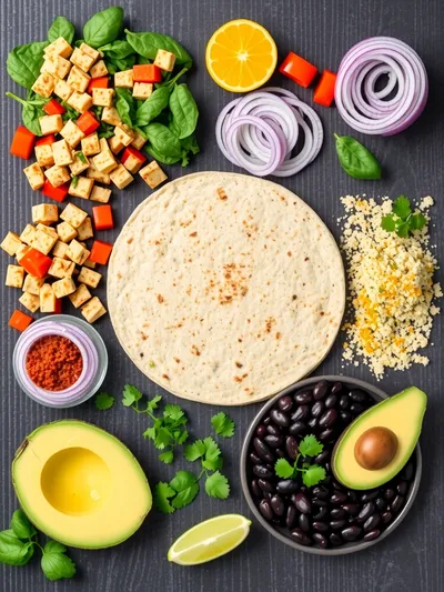 Vegan High-Protein Tofu Scramble Breakfast Burrito - ingredients preparation