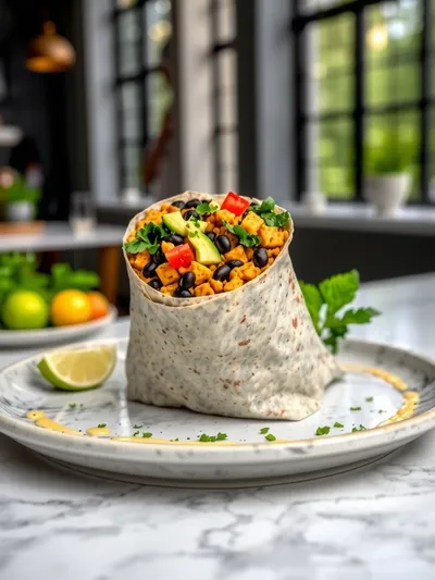 Vegan High-Protein Tofu Scramble Breakfast Burrito - ready to serve